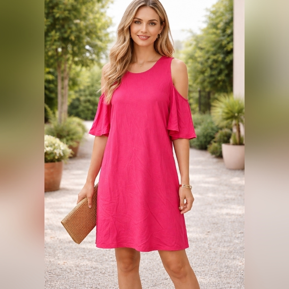 NWOT Mudpie Cora Cold Shoulder Flowy Sleeve Pink Dress